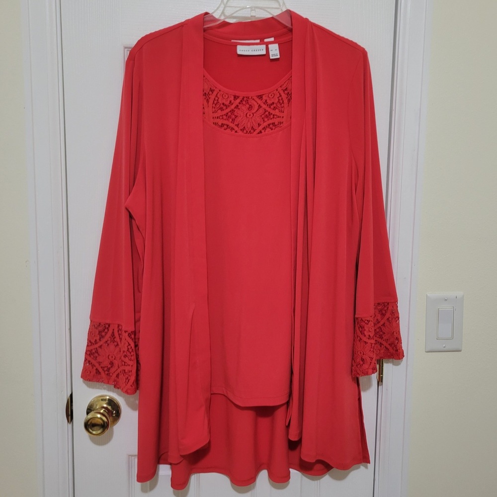Susan Graver Liquid Knit 2pc Cardigan & Lace Trim Tank Set Coral Red XL